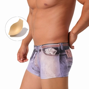 Men's quick-dry denim print swim trunks with cup pad and creative banknote pattern