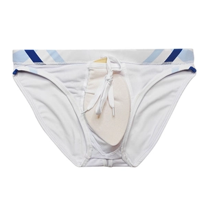 Detail view of men's white swim briefs featuring blue side stripes and an inner sponge pad