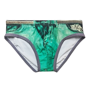 Detail of green denim print swim briefs showing faux stitching and pockets on fabric