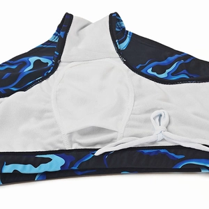 Detail of men's swim trunks featuring white inner mesh pocket and drawstring closure