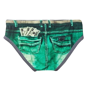 Detail view of denim print swim briefs with realistic 3D stitching and dollar bill pattern