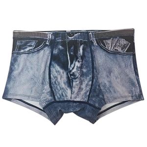 Detailed close-up of men's quick-dry swim trunks with realistic blue denim print design