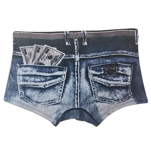 Detailed denim print on men's swim trunks featuring a creative 100 dollar bill pocket graphic