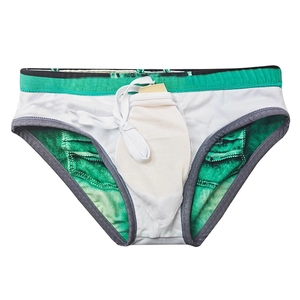Detail of green denim print men's swim briefs with white drawstring and elastic fabric