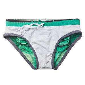 Detail of quick-dry men's bikini swimwear featuring green denim print and adjustable drawstring