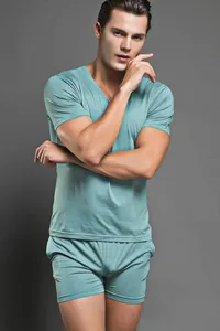 Detail view of men's modal knit underwear set featuring V-neck tee and soft shorts