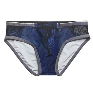 Close-up of quick-dry swim briefs with 3D denim print and money pocket detail