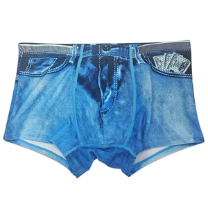 Detailed 3D denim print on men's quick-dry swim trunks with currency pattern and stitching