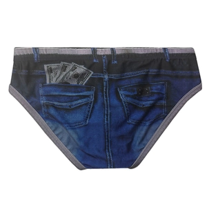 Detail of quick-dry men's bikini swimwear with realistic denim print and money pocket design