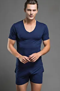 Close-up of dark blue modal lounge shorts for men showing soft knitted fabric texture