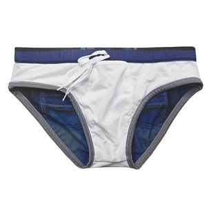 Detail view of quick-dry men's swim briefs with denim print and white drawstring waist