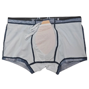 Detail view of quick-dry men's swim trunks featuring built-in protective pouch and drawstring
