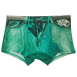 Detail shot of men's quick-dry swim shorts with creative green denim and money print