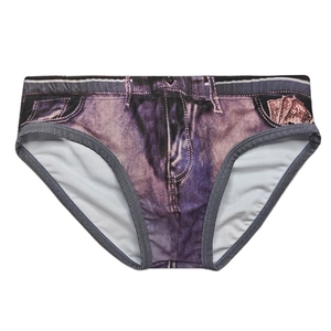 Detail of men's quick-dry denim print swim briefs with realistic banknote pattern decoration