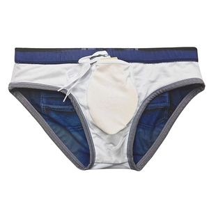 Detail view of denim print swim briefs with internal padding and white drawstring waist