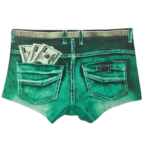 Detail of creative 3D denim print on quick-dry men's swim trunks with dollar design