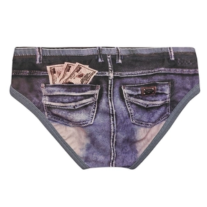Detail of denim print men's swim briefs with 100 dollar bill pattern and faux back pockets