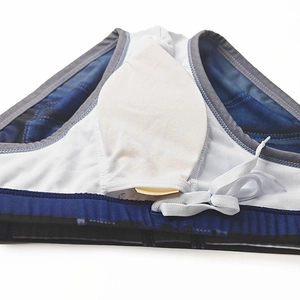 Detail of men's swim briefs featuring internal support pouch and adjustable drawstring