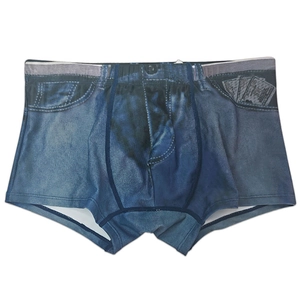 Detail of men's blue denim print swim trunks showing money pattern in the pocket