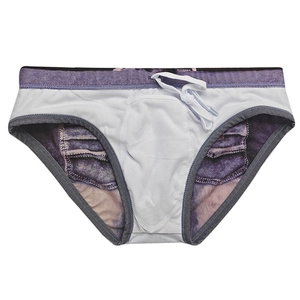 Detail of men's quick-dry denim print swim briefs with adjustable white drawstring waist