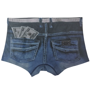 Detail view of men's swim trunks with 3D denim print and faux $100 bill pocket design