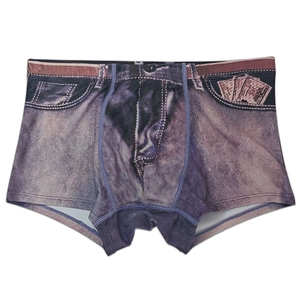 Detail of men's quick-dry swim trunks with denim texture print and dollar pattern