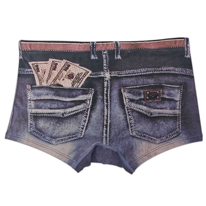 Detailed view of creative denim print and dollar bill graphic on men's boxer swimwear