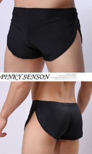 Détails du boxer en soie glacée noire pour hommes avec fentes latérales et taille élastique