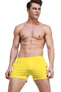 Detailed view of bright yellow modal boxer shorts with an elastic high-stretch waistband