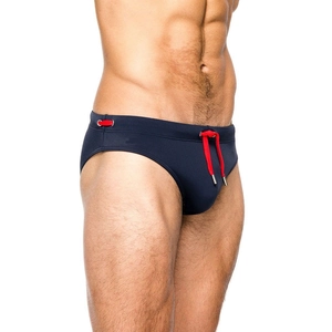 Men's navy blue swim briefs with red drawstring waist for pool and beach sports