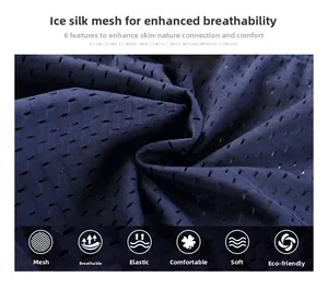 Macro view of dark blue ice silk mesh fabric showing honeycomb breathable structure
