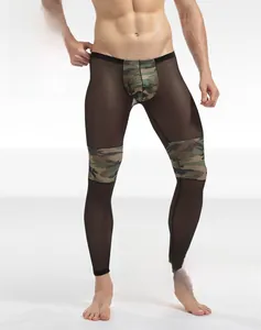 Close-up of men's sexy mesh leggings with camo patchwork and breathable black sheer fabric