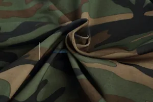 Detailed macro view showing the 90% polyester 10% spandex camouflage knit fabric texture