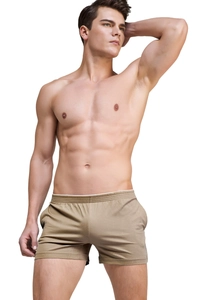 Detail of khaki modal lounge shorts featuring a comfortable elasticated waistband