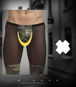 Detail view of men's sexy mesh lounge pants featuring U-convex design and camo patchwork
