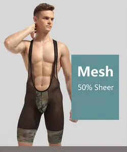 Men's sexy sheer mesh bodysuit featuring camouflage accents and deep U-neck styling