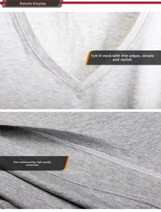 Detail view of the 1cm V-neckline and precise flat stitching on light gray modal shorts