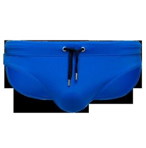 Detail of bright blue men's swim briefs with black drawstring and silver metal eyelets