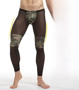 Detail of men's sheer mesh leggings with camouflage patchwork and breathable fabric