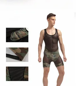 Detailed view of men's sexy camouflage bodysuit with mesh panels and U-convex design