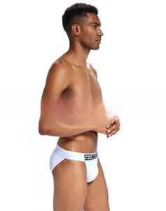 Vue détaillée du jockstrap en coton blanc avec ceinture élastique logotée et coupe haute