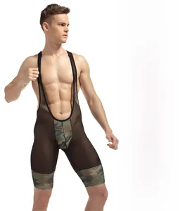 Detail of men's sexy mesh bodysuit featuring camouflage panels and sheer breathable fabric