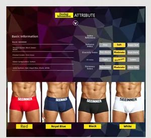 Detailed chart and showcase of men's cotton boxer briefs in red, blue, black and white colors