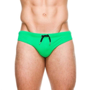 Men's bright green low-rise swim briefs with black drawstring and quick-dry fabric