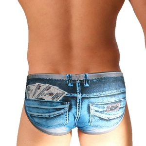 Men's denim-print swim briefs featuring creative $100 bill design on the back pocket