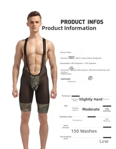 Detailed fabric chart of men's mesh bodysuit showing 90% polyester and camouflage panels