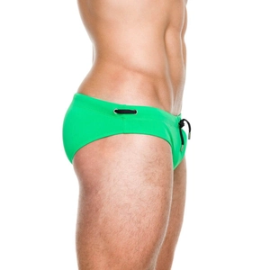 Detail shot of bright green men's swim briefs with black drawstring and metal eyelets