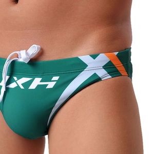 Men's green swim briefs with HXH logo, adjustable drawstring and sporty side stripes