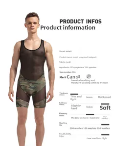 Detailed fabric chart for men's camouflage mesh bodysuit with moisture-wicking properties
