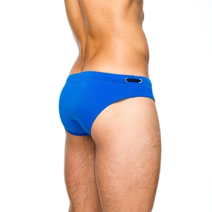 Detail view of electric blue men's swim briefs with side drawstring and nylon fabric